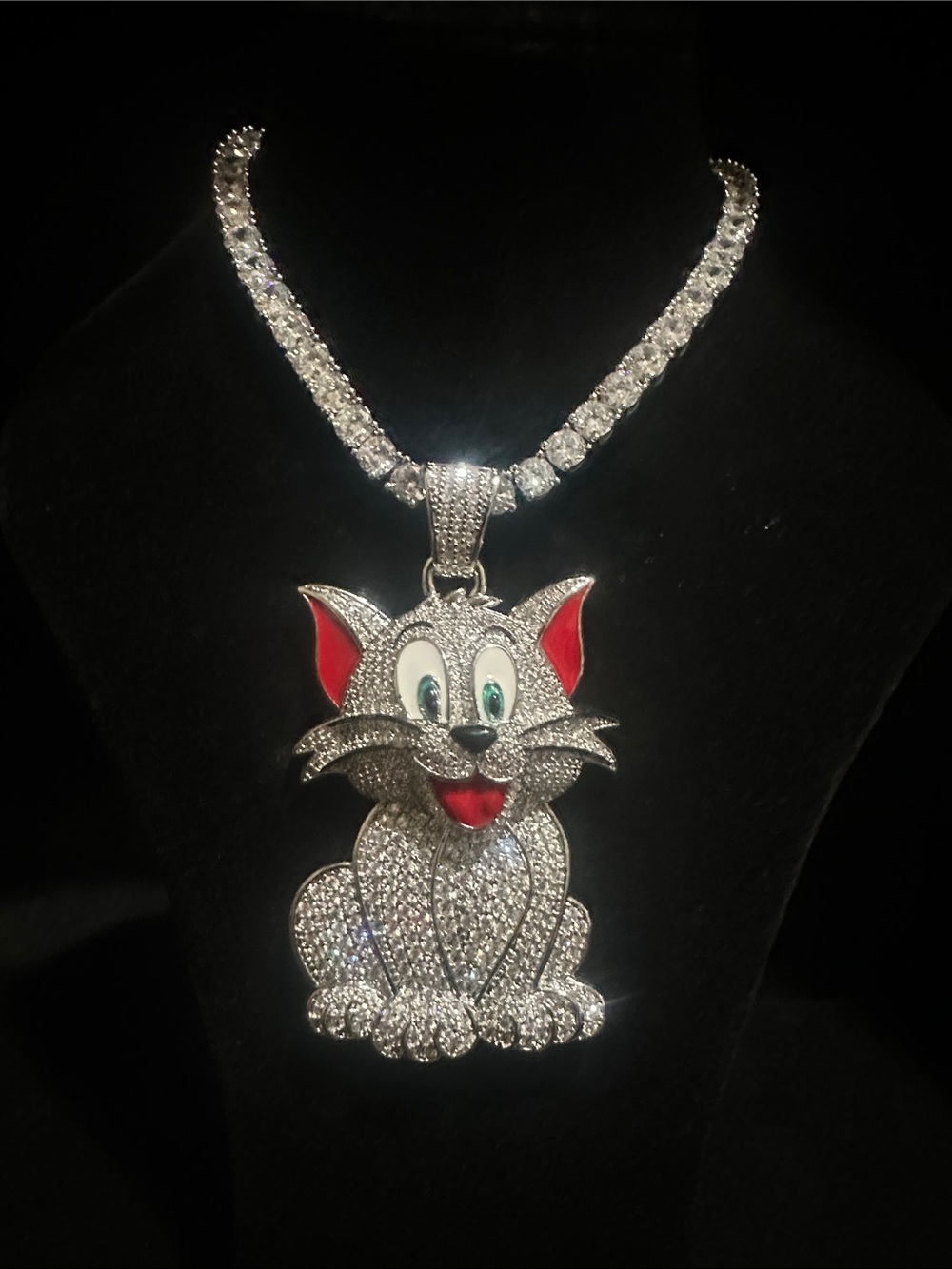 Crystal Tom ( Tom & Jerry ) Pendant Necklace in Silver and Red